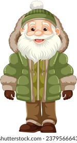 Vector illustration of an elderly man wearing a hoodie, puffer jacket, winter coat, and beanie hat