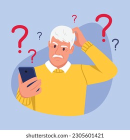 Vector illustration of an elderly man who is confused. Cartoon scene with a gray-haired man who has many questions and does not know how to use the phone isolated on a blue background.