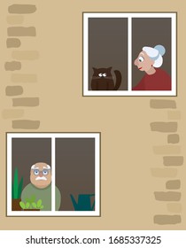 Vector illustration, an elderly man and woman are at home at the window, self-isolation grandparents in quarantine.