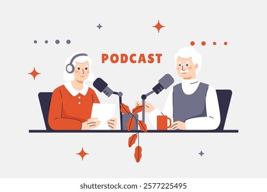 Vector illustration of elderly man and woman with headphones hosting a podcast sitting at the table with notes. A couple of characters share life experiences with the audience. Podcast studio interior