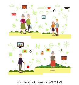 Vector illustration of elderly man and woman grandparents holding hands, happy children grandson and granddaughter. Family people symbols, icons isolated on white background. Flat style design.