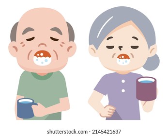 Vector illustration of elderly men and women gargling