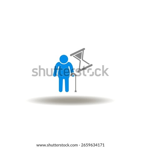 Vector illustration of elderly pensioner with walking stick and hourglass. Symbol of wellness longevity.