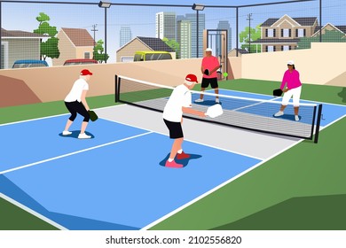 A Vector Illustration Of Elderly People Playing Pickleball Outdoor 