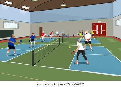 A vector illustration of Elderly People Playing Pickleball Indoor