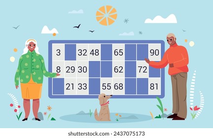 Vector illustration of elderly people playing the lottery, the tombola card has the winning numbers, poster for organizing events in retirement homes, soft colors and smiling characters.