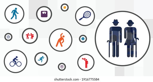 vector illustration of elderly people and sport activities options for proper healthcare for seniors