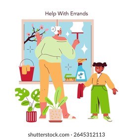 Vector illustration of an elderly person cleaning a window with a child assisting, showcasing collaboration across generations in household tasks. Bright, helpful atmosphere.