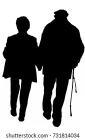 Vector illustration of an elderly senior couple hold hand walking man with cane walking stick.black on white background. self isolation concept