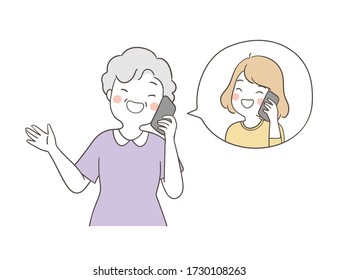 Vector illustration elderly senior grandmother speaking on the phone with a girl.Doodle cartoon style.