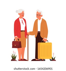 Vector illustration of elderly tourist with laggage and handbag. Old man and woman with suitcases. Isolated collection of old characters on their journey. Traveling and tourism concept