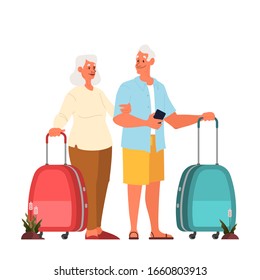 Vector illustration of elderly tourist with laggage and handbag. Old man and woman with suitcases. Isolated collection of old characters on their journey. Traveling and tourism concept