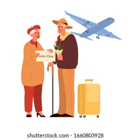 Vector illustration of elderly tourist with laggage and handbag. Old man and woman with suitcases. Isolated collection of old characters on their journey. Traveling and tourism concept