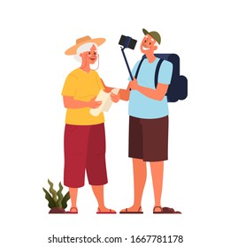 Vector illustration of elderly tourist with laggage. Old man and woman with map and smartphone. Old woman reading a map. Old characters on their journey. Traveling and tourism concept