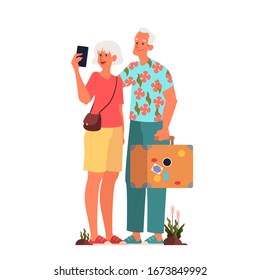 Vector illustration of elderly tourist with laggage. Old man and woman with handbag and smartphone. Old characters on their journey. Traveling and tourism concept