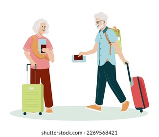 Vector illustration of elderly tourist with laggage and handbag. Old man and woman with suitcases. Cartoon vector illustration aged persons on their journey isolated. Traveling and tourism concept