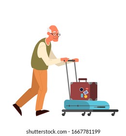 Vector illustration of elderly tourist man with laggage and handbag. Old man with suitcases. Isolated collection of old character on his journey. Traveling and tourism concept