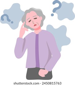 Vector illustration of an elderly woman with Alzheimer's and uncertain memory and hazy emotions and question mark background