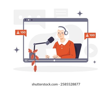 Vector illustration of an elderly woman broadcasting live on a tablet screen. The woman in headphones speaks into a microphone, interacting with her audience. Podcast, streaming and media content