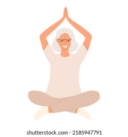 Vector illustration of an elderly woman doing yoga. The concept of a healthy lifestyle, sports and meditation in old age.