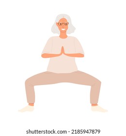 Ilustración vectorial de una anciana haciendo yoga. El concepto de un estilo de vida sano, deportes y meditación en la vejez.