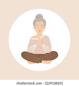 Vector illustration of an elderly woman doing yoga. The concept of a healthy lifestyle, sports and meditation in old age. AdventureIsAgeless in lotus pose.