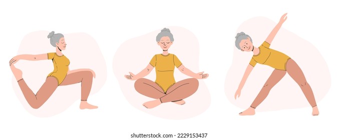 Vector illustration of an elderly woman doing yoga. The concept of a healthy lifestyle, sports and meditation in old age. AdventureIsAgeless