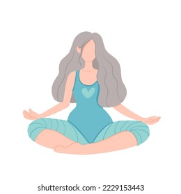 Vector illustration of an elderly woman doing yoga. The concept of a healthy lifestyle, sports and meditation in old age. AdventureIsAgeless in lotus pose.