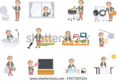 Vector illustration of elderly woman doing housework