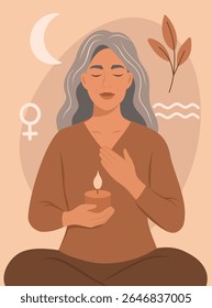 Vector illustration of an elderly woman with gray hair sitting in a pose of calm with a lit candle. Symbol of menopause, harmony, awareness, mature femininity. For women's health projects