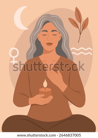 Vector illustration of an elderly woman with gray hair sitting in a pose of calm with a lit candle. Symbol of menopause, harmony, awareness, mature femininity. For women's health projects