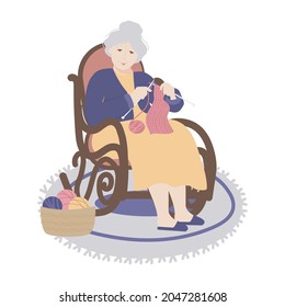 Vector illustration of an elderly woman knits in a rocking chair. Hobbies for seniors
