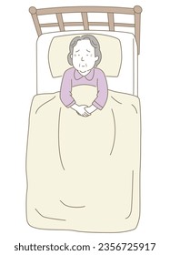 Vector illustration of an elderly woman lying on the bed