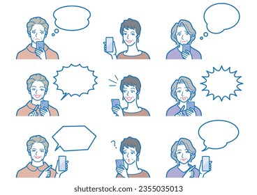 Vector illustration of an elderly woman operating a smartphone.