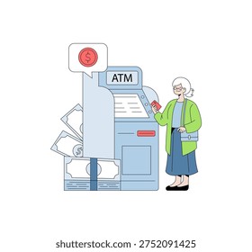Vector illustration of an elderly woman operating an ATM, withdrawing cash with a card. Features include ATM machine, currency notes, and a smiling expression indicating satisfaction.