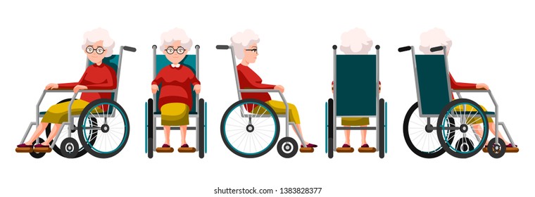 Vector Illustration Of Elderly Woman Sitting In A Wheelchair. Cartoon Realistic People. Flat Woman. Front, Side And Back Views. Isometric View. Grandmother, Happy Old People With Physical Disability.