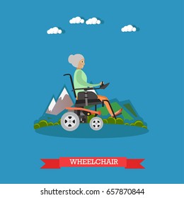 Vector illustration of elderly woman sitting in wheelchair or riding electric wheelchair in park. Flat style design.