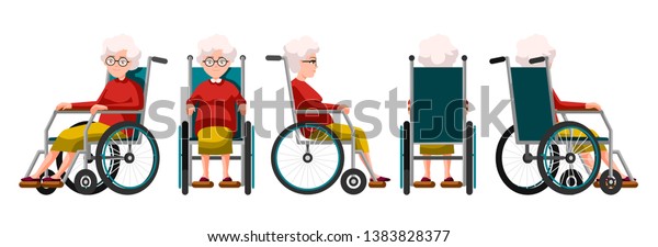 車椅子に座っている年配の女性のベクターイラスト 漫画のリアルな人 平凡な女性 正面 側面 背面の各ビューアイソメビュー 身体障害を持つ幸せな老人の祖母 のベクター画像素材 ロイヤリティフリー 1377