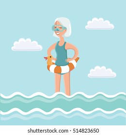 Vector illustration of elderly woman standing in sea water with diving mask on her face and diving tube in his hand