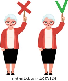 Vector illustration elderly woman teacher holds in her hands signs true and false