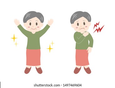 Vector illustration of elderly woman. Trouble of stiff shoulder.