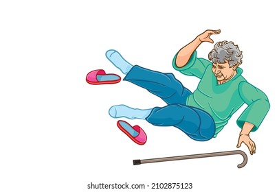 Vector illustration of elderly woman with walking stick fell to the ground,risk fractures, slip injury,slippery surfaces,senior citizens,retired grandparents,isolated on whtie,Accidents in elderly.