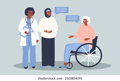vector illustration - an elderly woman, who use a wheelchair talking to a doctor and woman in hijab. hand drawn illustration in flat style
