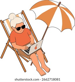 Vector illustration of an elderly woman working on a laptop while sitting in a deck chair under a beach umbrella.