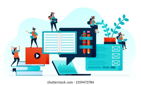 Vector illustration of e-learning makes it easy for student to learn. Distance learning with laptop and internet. online home work, courses and study for open knowledge. stationery and stack of book