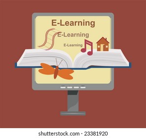 Vector illustration of e-learning, which includes video, animation, audio / music, graphic, and text.