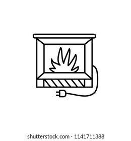 Vector illustration of electic fireplace. Line icon of vintage heater with electric fire. Heating equipment for home and office. Front view.