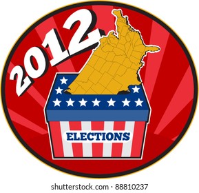 vector illustration of an election ballot box with American stars and stripes flag and map of United States of America set inside an ellipse with sunburst in background and words 2012