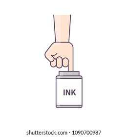 Vector Illustration Election Ink Pot. Voter Put Finger on Election Ink, Indelible Ink, Electoral Stain, Phosphoric Ink