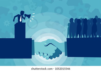 Vector illustration of election process and politician sending speech to friendly crowd. 